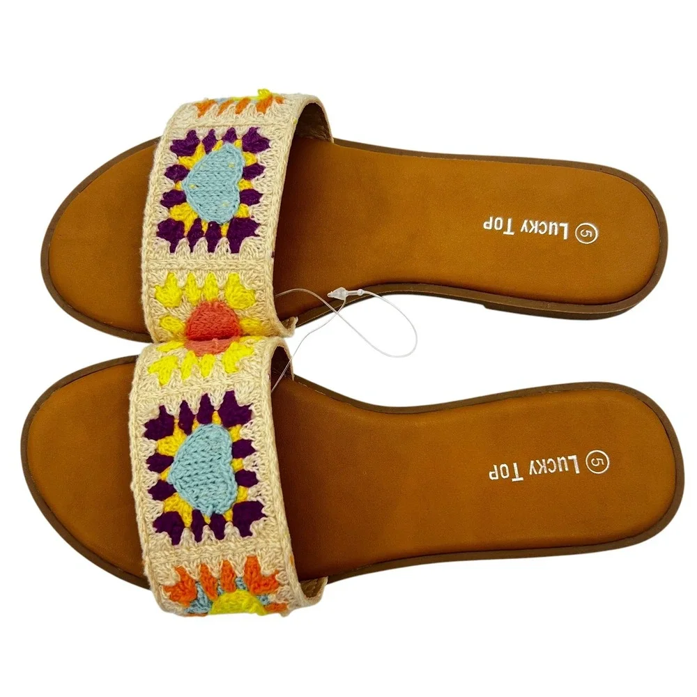 NWOT Lucky Top ONO-1K Girls Slide Sandals 5 Embellished‎ Woven Strap Colorful